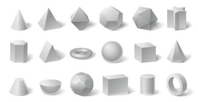 bianca geometrico 3d forme. geometria modulo per formazione scolastica. esagonale e triangolare prisma, cilindro e cono vettore