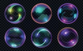 realistico trasparente sapone bolle con brillante astratto riflessi. Magia bicchiere palle lucido effetto. acqua colorato schiuma bolla vettore impostato