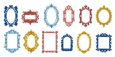 decorativo cornici. Vintage ▾ barocco antico decorativo trafori specchi, creativo cartone animato scarabocchio romantico design elementi. vettore isolato impostato
