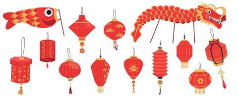 tradizionale Cinese lanterna. cartone animato asiatico carta lampade con nappa per nuovo anno celebrazione, orientale Festival strada decorazione diverso forma. vettore impostato