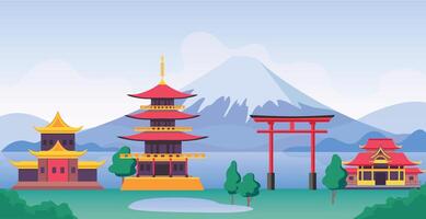 Giappone paesaggio con montagna fuji, punti di riferimento, templi e vecchio costruzione. giapponese turismo viaggio scenario con pagoda e cancelli vettore scena