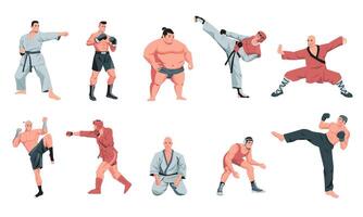 marziale arti combattenti. cartone animato guerriero personaggi sparring e formazione nel uniforme, tradizionale combattimento attività karatè judo aikido gli sport. vettore isolato impostato