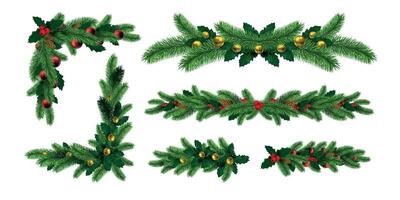realistico Natale albero ghirlande frontiere e telaio angoli. inverno vacanza decorazione con abete ramo, agrifoglio foglia e pino coni vettore impostato