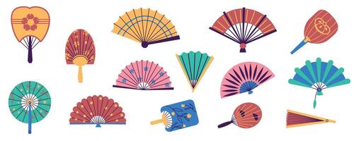 carta mano fan. tradizionale orientale pieghevole fan, mano vento Accessori piatto stile diverso colore. vettore Cinese giapponese asiatico fan impostato