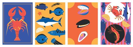 frutti di mare minimalista manifesto. astratto cartone animato pesce mollusco elementi per ristorante menù sfondo disegno, di moda semplice striscioni. vettore collezione