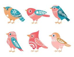 decorativo uccelli. carino colorato animali con bellissimo etnico ornamento. luminosa piumato personaggi spirito vettore