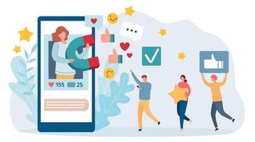 sociale media marketing. cartone animato donna Tenere magnete attrarre networking simboli come cuore, emoji e pollice su vettore