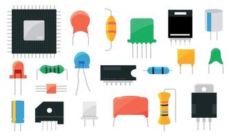elettrico circuito componente. condensatore transistor resistore conduttore semiconduttore elettronico parti. vettore elettrico hardware elemento isolato impostato