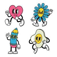 di moda astratto cartone animato. comico cuore, fiore, matita e uovo con allegro facciale espressione, braccia e gambe vettore