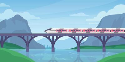 treno su ponte. montagna paesaggio con velocità elettrico treno su ferrovia. veloce Ferrovia trasporto. in viaggio avventura viaggio vettore concetto