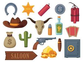 cartone animato selvaggio ovest icone. cowboy cactus rodeo sella laccio chitarra serpente Tequila ferro di cavallo piatto stile, piatto occidentale elementi. vettore colorato impostato