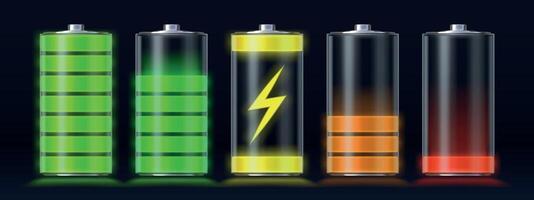 realistico batteria ricarica vuoto per pieno energia livello. raggiante smartphone accumulatore caricare icona con fulmine. caricare indicatore vettore impostato