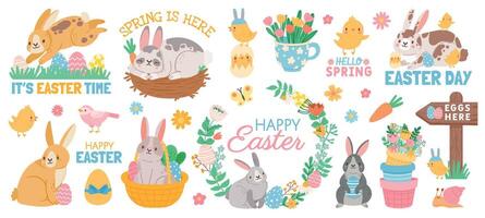 primavera Pasqua carino animale personaggi e giardino elementi. cartone animato Pasqua coniglietto con uova nel cestino, fiori, polli e uccelli vettore impostato