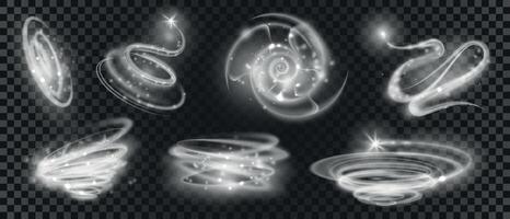 splendore bianca Magia leggero con scintillare particelle effetto. vortice, cerchio, vortice e spirale di splendore. stella o cometa con movimento pista vettore impostato