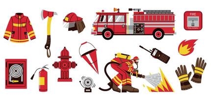 fuoco camion con attrezzatura. pompiere personaggi con rosso salvare trasporto estintore idrante benna, vigile del fuoco Dipartimento strumenti. vettore impostato