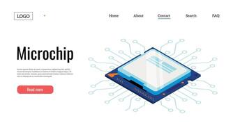 semiconduttore approdo. elettronico circuito ragnatela pagina modello con microcontrollore tavola e elettrico componenti. vettore moderno microchip sito web