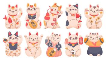 giapponese fortunato gatti. cartone animato maneki neko giocattolo nel tradizionale Abiti, Tenere pesce, campane e oro moneta. asiatico agitando fortuna gatto vettore impostato