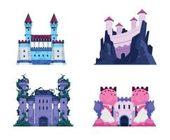fiaba castelli. cartone animato medievale storico fortezza con torri, pietra muri e di legno cancello, vecchio regno palazzo vettore