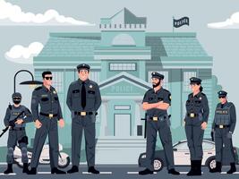 polizia stazione. città Dipartimento esterno con pattuglia macchine e poliziotto ufficiali, indagine ufficio con poliziotti piatto cartone animato stile. vettore illustrazione