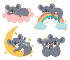 carino cartone animato koala. adorabile animali addormentato su soffice rosa nube, arcobaleno. madre e ragazzo rilassante e sognare vettore