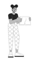 africano americano ragazza la scelta pantaloncini nero e bianca 2d linea cartone animato carattere. nero donna tremante su Abiti isolato vettore schema persona. maniglia lavanderia monocromatico piatto individuare illustrazione