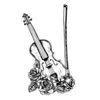 violino decorato con Rose, grafico vettore nero e bianca illustrazione. per manifesti, volantini e invito carte. per banner e cartoline. per loghi, distintivi, adesivi e stampe. per cartoline.