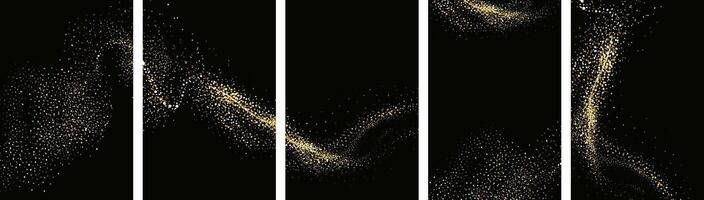 collezione di luccicante stelle con d'oro scintillante vortici, brillante luccichio design. magico movimento, scintillante Linee su un' nero sfondo. vettore
