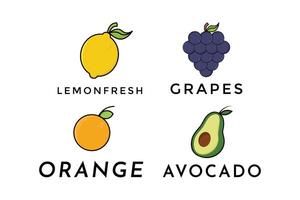 impostato di colorato cartone animato frutta icone uva, arancia, avocado e Limone vettore design modello