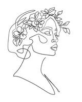 fiore testa femminile illustrazione linea disegno. natura biologico cosmetici trucco. linea arte - vettore illustrazione