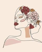 donna viso con fiori nel sua capelli, linea disegno arte. - vettore illustrazione