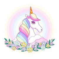 carino unicorno con luccicante e arcobaleno capelli al di sopra di buio sfondo con stelle. vettore