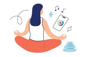 ragazza Meditare con mobile app, meditazione vettore