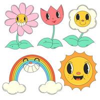 colorato vettore illustrazione con icone nel Groovy stile. fiori, arcobaleno, sole