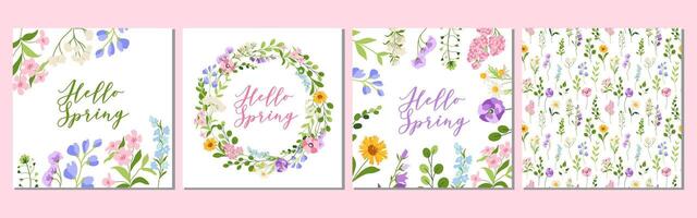 impostato di primavera saluto carte con fiori, ghirlanda, telaio, senza soluzione di continuità modello, Ciao primavera illustrazione per cartolina, manifesto, bandiera vettore