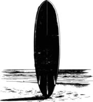 ai generato silhouette fare surf tavola su il spiaggia sabbia nero colore solo vettore