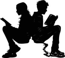 ai generato silhouette adolescente ragazza e ragazzo lettura libro insieme nero colore solo vettore