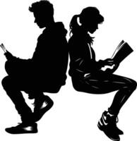 ai generato silhouette adolescente ragazza e ragazzo lettura libro insieme nero colore solo vettore