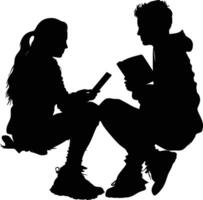 ai generato silhouette adolescente ragazza e ragazzo lettura libro insieme nero colore solo vettore