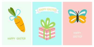 saluto carino carte per il Pasqua vacanza. carota, regalo, la farfalla. per manifesti, carte, scrapbooking, adesivi vettore