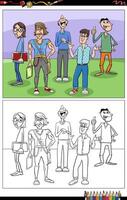 cartone animato giovane uomini personaggi gruppo colorazione pagina vettore