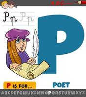 lettera p a partire dal alfabeto con cartone animato poeta personaggio vettore
