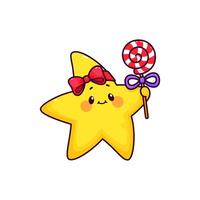 cartone animato carino kawaii stella personaggio con caramella vettore