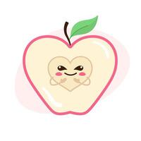 metà di un' a forma di cuore Mela con un' a forma di cuore nucleo, Mela tagliare con un' sorridente centro. carino frutta carattere. semplice vettore illustrazione.