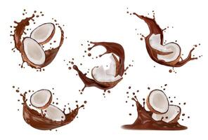 realistico cioccolato latte spruzzi con Noce di cocco vettore