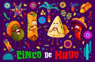 cinco de mayo bandiera con messicano cibo personaggi vettore