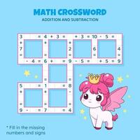 matematica cruciverba puzzle per bambini. aggiunta e sottrazione. conteggio su per 10. gioco per bambini. vettore illustrazione. colorato cruciverba con cartone animato pony. compito, formazione scolastica Materiale per bambini.