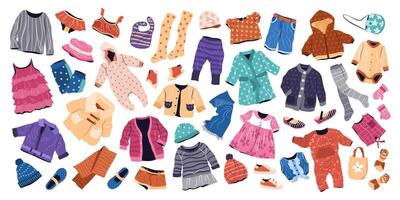 casuale capi di abbigliamento impostato per bambini. moda indumenti per ragazzi e ragazze. inverno, estate, molla, autunno collezione di elegante bambini logorante. isolato piatto vettore illustrazioni su bianca sfondo.