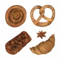 acquerello forno clipart collezione. mano disegnato acquerello al forno merce. ciambella, panini con cannella, brioche, anice, pretzel, pecan. isolato su bianca. vettore