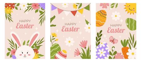 Pasqua collezione di verticale saluto carte modello. design per celebrazione primavera vacanza con fiori, coniglietto, la farfalla, sole e dipinto uova. mano disegnato piatto vettore illustrazione