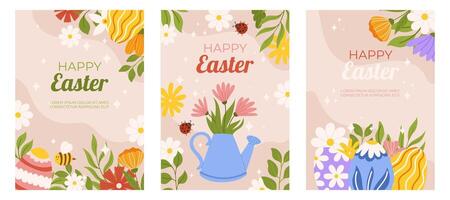 Pasqua collezione di verticale saluto carte modello. design con fiori, acqua Potere, ape e coccinella, dipinto uova. mano disegnato piatto vettore illustrazione